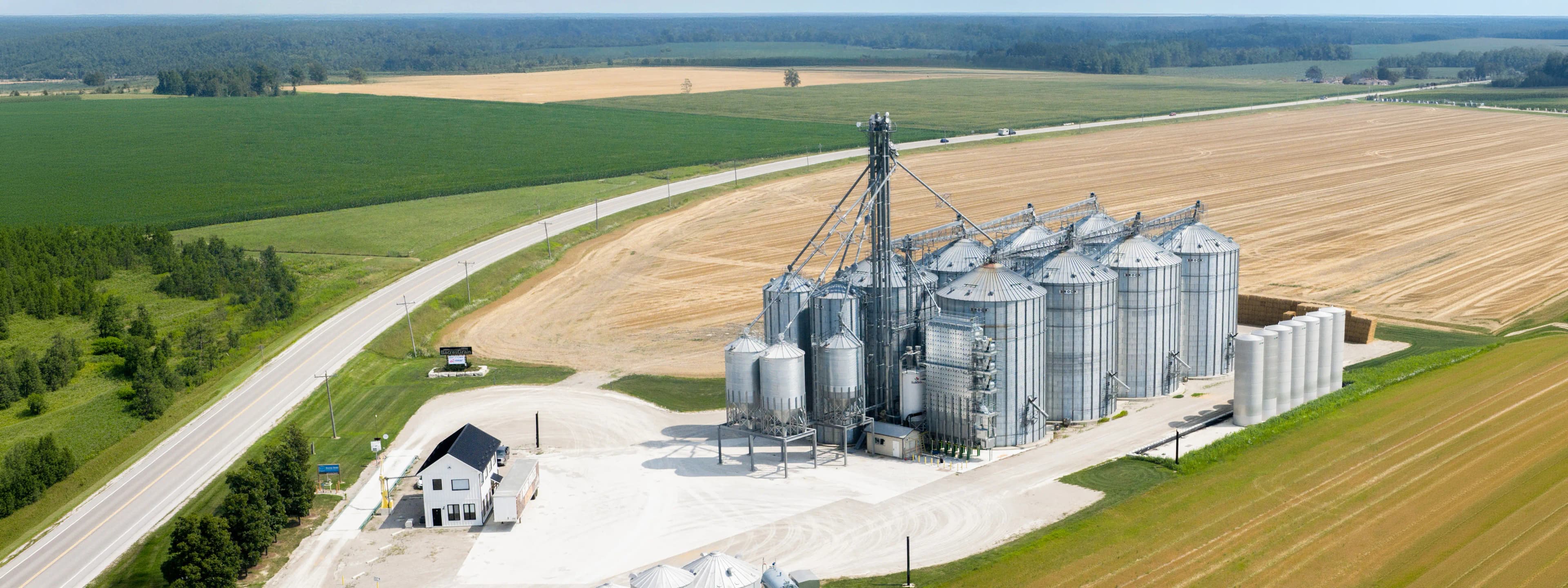 Aerial view of the Bacres Grain elevator near Alvinston, Ontario